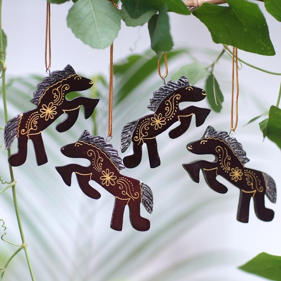 Set of 4 Handmade Mahogany Wood Horse Ornaments from Bali 'Little Horses'