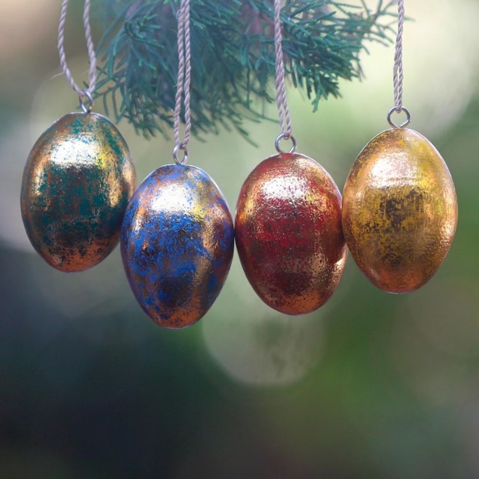 Four Gold Tone Albesia Wood Egg Shaped Ornaments from Bali 'Golden Eggs'