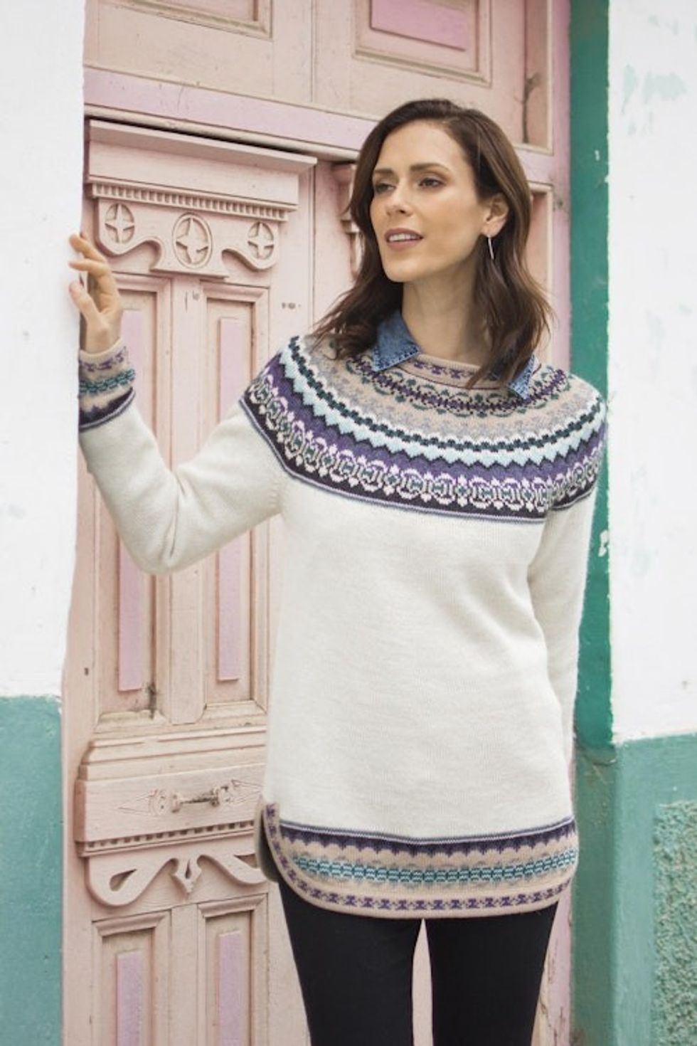 Knit 100 Alpaca Pullover Sweater in Antique White from Peru 'Playful Ivory'