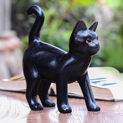 Alternate image for Wood Standing Cat Sculpture in Black from Bali from Bali Curious Kitten in Black
