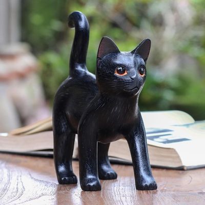 Alternate image for Wood Standing Cat Sculpture in Black from Bali from Bali Curious Kitten in Black