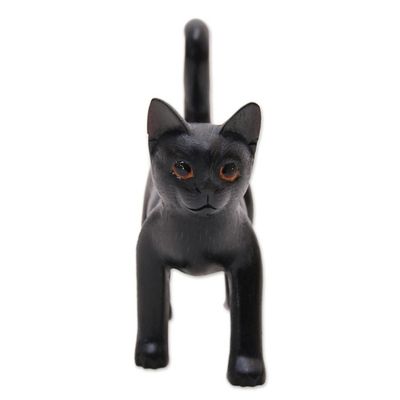 Alternate image for Wood Standing Cat Sculpture in Black from Bali from Bali Curious Kitten in Black
