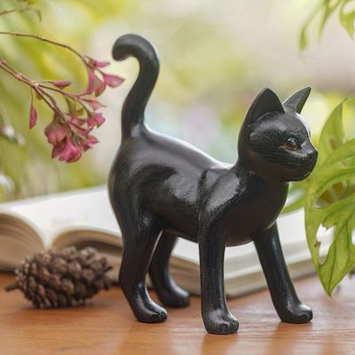 Alternate image for Wood Standing Cat Sculpture in Black from Bali from Bali Curious Kitten in Black