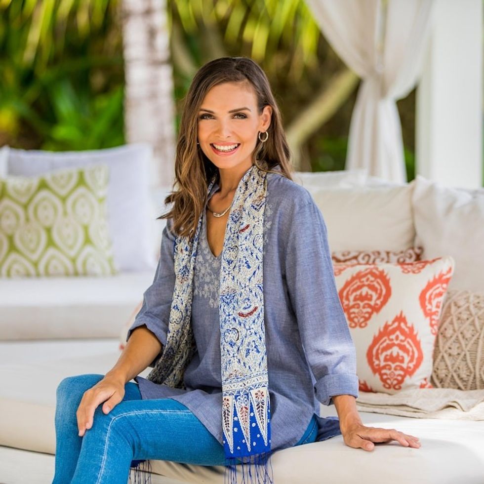 Handmade Silk Batik Scarf from Indonesia 'Royal Java Blue'