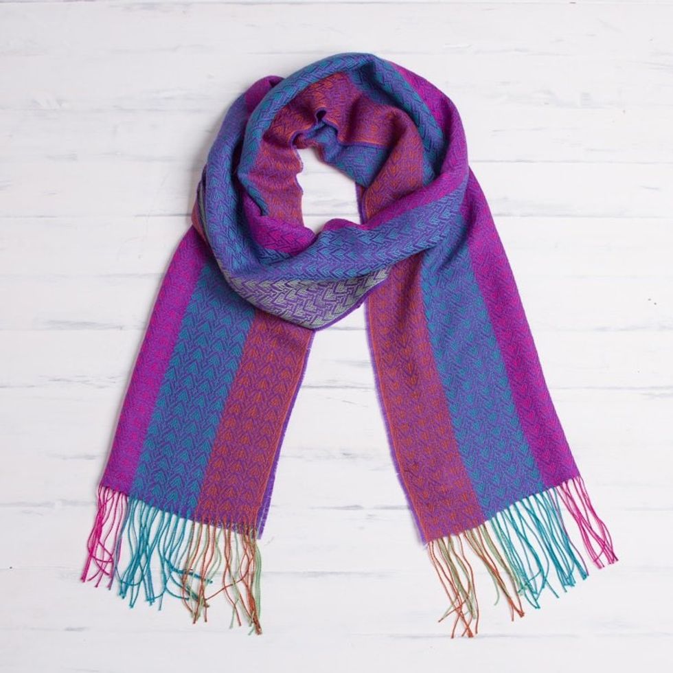 Hand Woven Striped Alpaca Blend Wrap Scarf from Peru 'Joyous Harmony'