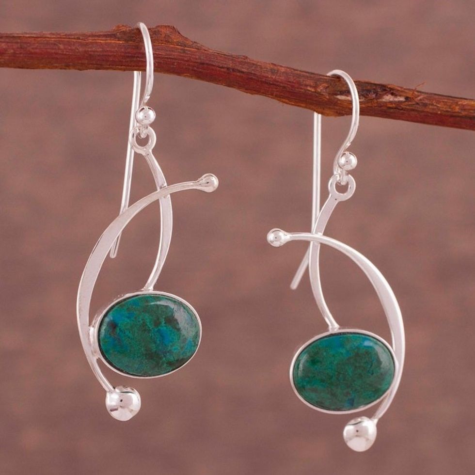 Chrysocolla and Sterling Silver Dangle Earrings from Peru 'Crescent Eyes'