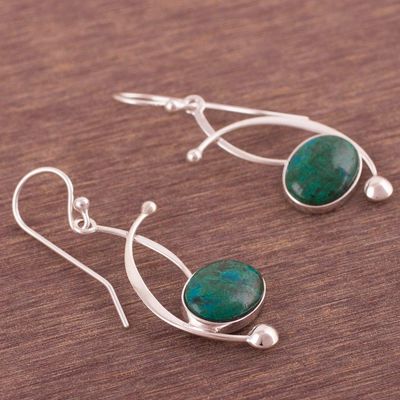 Alternate image for Chrysocolla and Sterling Silver Dangle Earrings from Peru Crescent Eyes