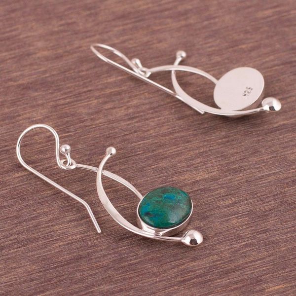 Alternate image for Chrysocolla and Sterling Silver Dangle Earrings from Peru Crescent Eyes
