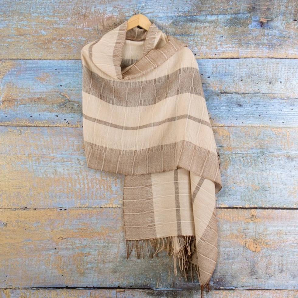 Handloomed Soft Ivory and Beige 100 Baby Alpaca Shawl 'Andean Heights'