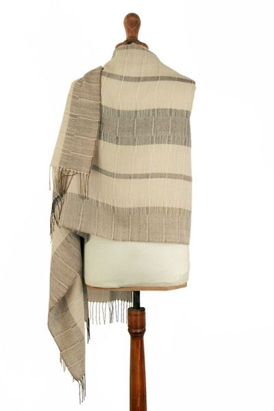 Alternate image for Handloomed Soft Ivory and Beige 100 Baby Alpaca Shawl Andean Heights