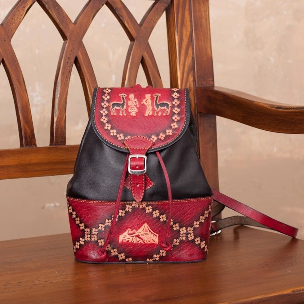 Handcrafted Crimson and Black Leather Backpack from Peru 'Ancient Elegance'