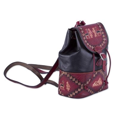 Alternate image for Handcrafted Crimson and Black Leather Backpack from Peru Ancient Elegance