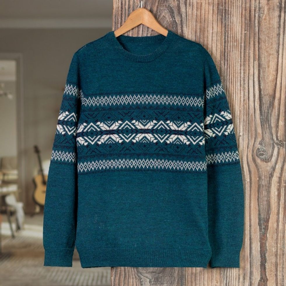 Men's Knit Teal Sweater Made from 100 Alpaca in Peru 'Andean Teal Sky'