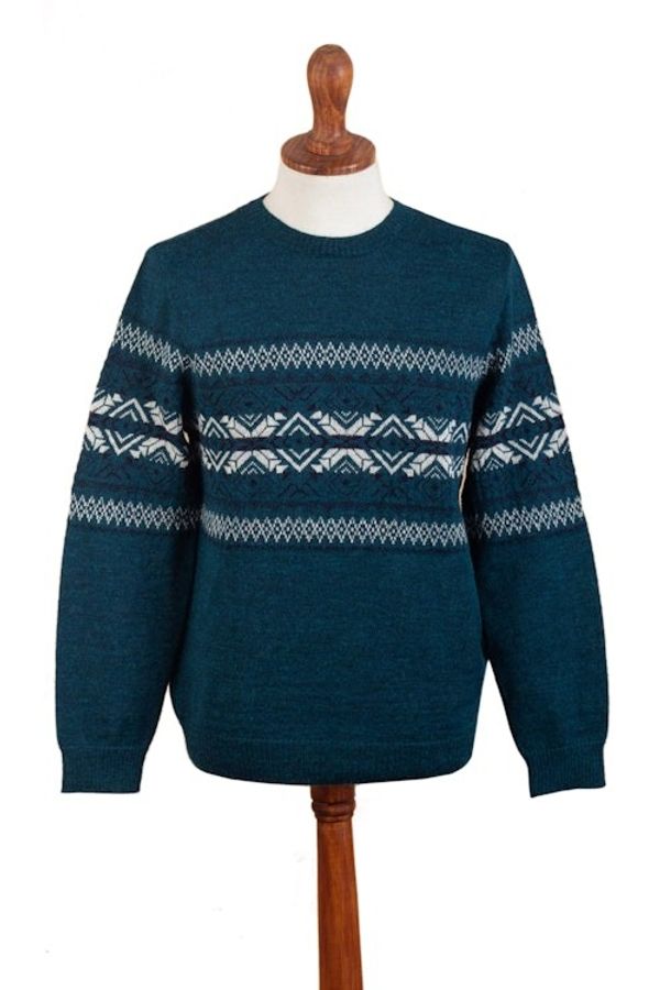Alternate image for Mens Knit Teal Sweater Made from 100 Alpaca in Peru Andean Teal Sky