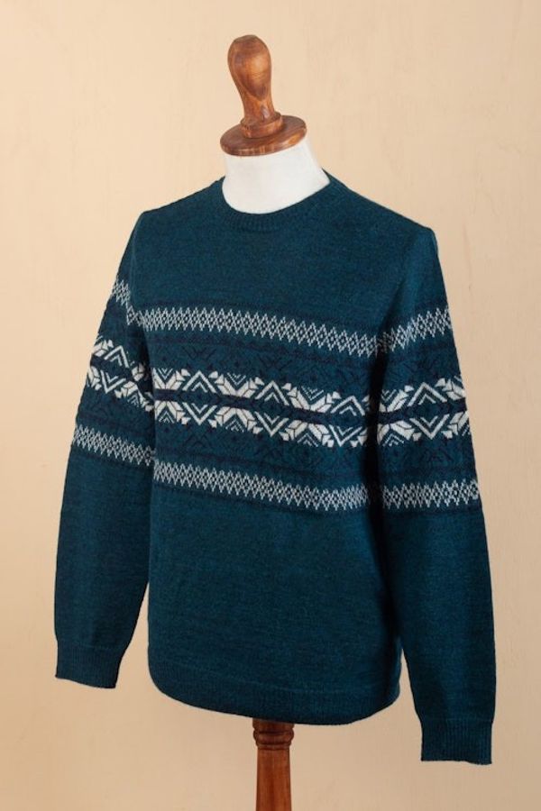 Alternate image for Mens Knit Teal Sweater Made from 100 Alpaca in Peru Andean Teal Sky