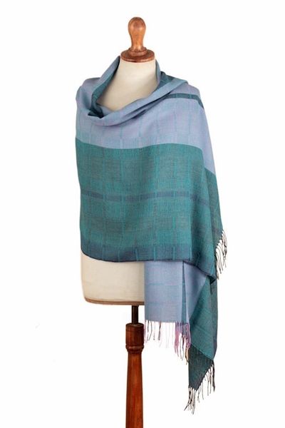 Alternate image for Handloomed Soft Cerulean and Purple 100 Baby Alpaca Shawl Andean Rivers