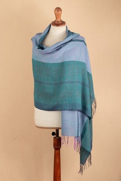 Alternate image for Handloomed Soft Cerulean and Purple 100 Baby Alpaca Shawl Andean Rivers