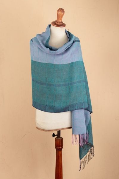 Alternate image for Handloomed Soft Cerulean and Purple 100 Baby Alpaca Shawl Andean Rivers