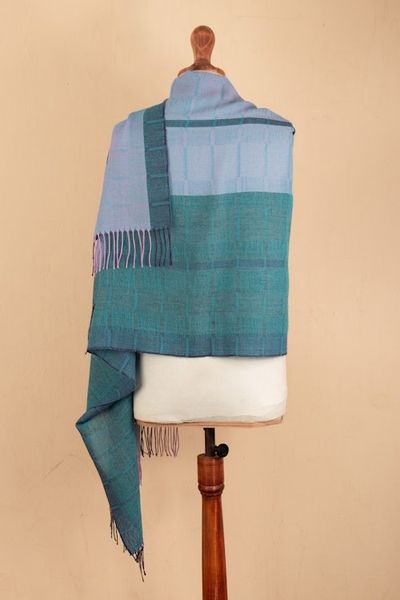 Alternate image for Handloomed Soft Cerulean and Purple 100 Baby Alpaca Shawl Andean Rivers