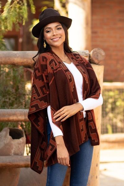 Alternate image for Russet and Black Alpaca Blend Ruana from Peru Inca Afternoon in Russet