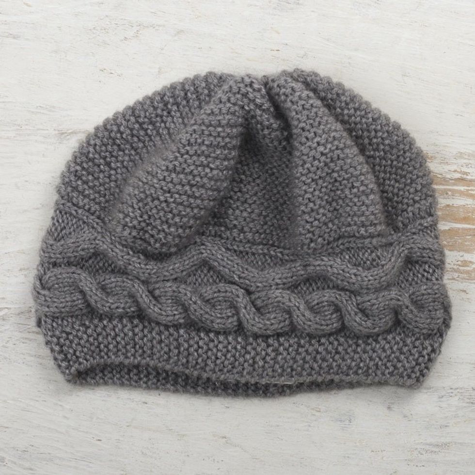 Hand-Knit Grey Alpaca Blend Cozy Winter Hat 'Gentle Grey Waves'