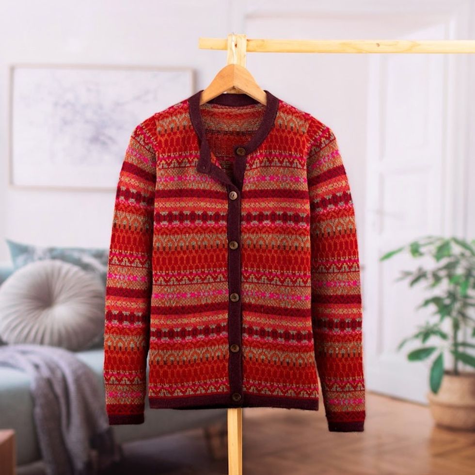 Striped Inca-Patterned Red 100 Alpaca Cardigan Sweater 'Inca's Red Geometry'