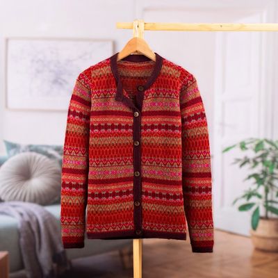 Alternate image for Striped Inca-Patterned Red 100 Alpaca Cardigan Sweater Incas Red Geometry