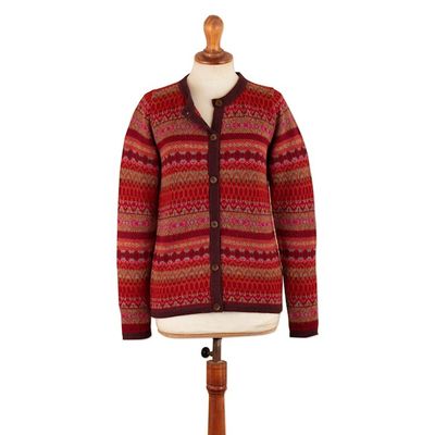 Alternate image for Striped Inca-Patterned Red 100 Alpaca Cardigan Sweater Incas Red Geometry