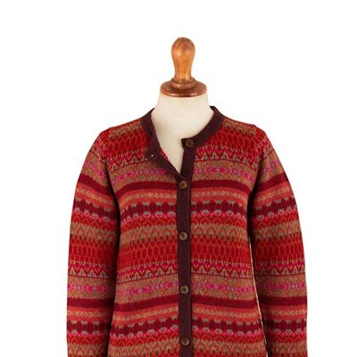 Alternate image for Striped Inca-Patterned Red 100 Alpaca Cardigan Sweater Incas Red Geometry