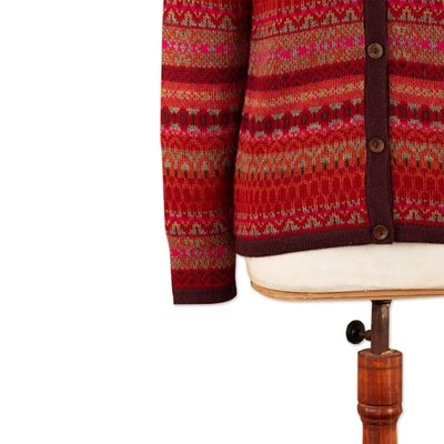 Alternate image for Striped Inca-Patterned Red 100 Alpaca Cardigan Sweater Incas Red Geometry