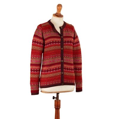 Alternate image for Striped Inca-Patterned Red 100 Alpaca Cardigan Sweater Incas Red Geometry