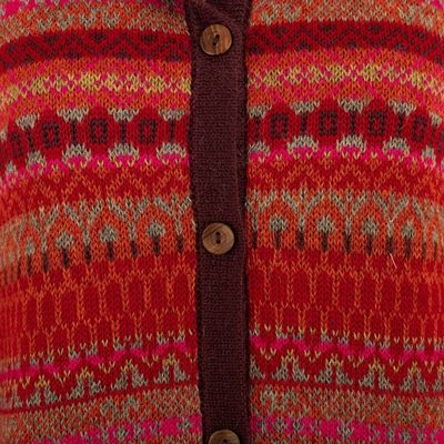 Alternate image for Striped Inca-Patterned Red 100 Alpaca Cardigan Sweater Incas Red Geometry