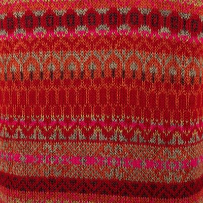 Alternate image for Striped Inca-Patterned Red 100 Alpaca Cardigan Sweater Incas Red Geometry