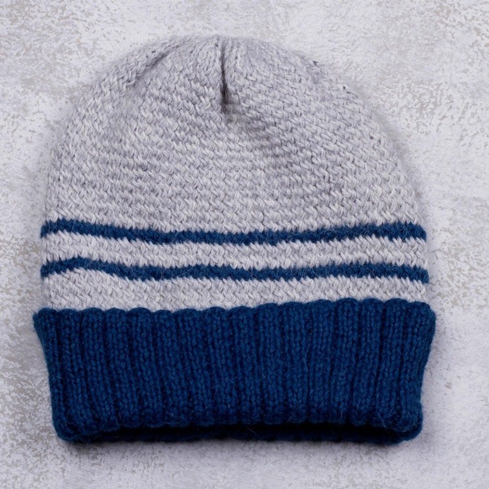 Peruvian Men's Blue and Grey Striped Alpaca Blend Hat 'Winter's Embrace in Blue'
