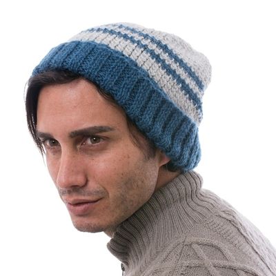Alternate image for Peruvian Mens Blue and Grey Striped Alpaca Blend Hat Winters Embrace in Blue