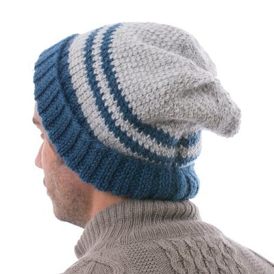 Alternate image for Peruvian Mens Blue and Grey Striped Alpaca Blend Hat Winters Embrace in Blue