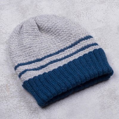 Alternate image for Peruvian Mens Blue and Grey Striped Alpaca Blend Hat Winters Embrace in Blue