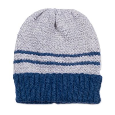 Alternate image for Peruvian Mens Blue and Grey Striped Alpaca Blend Hat Winters Embrace in Blue