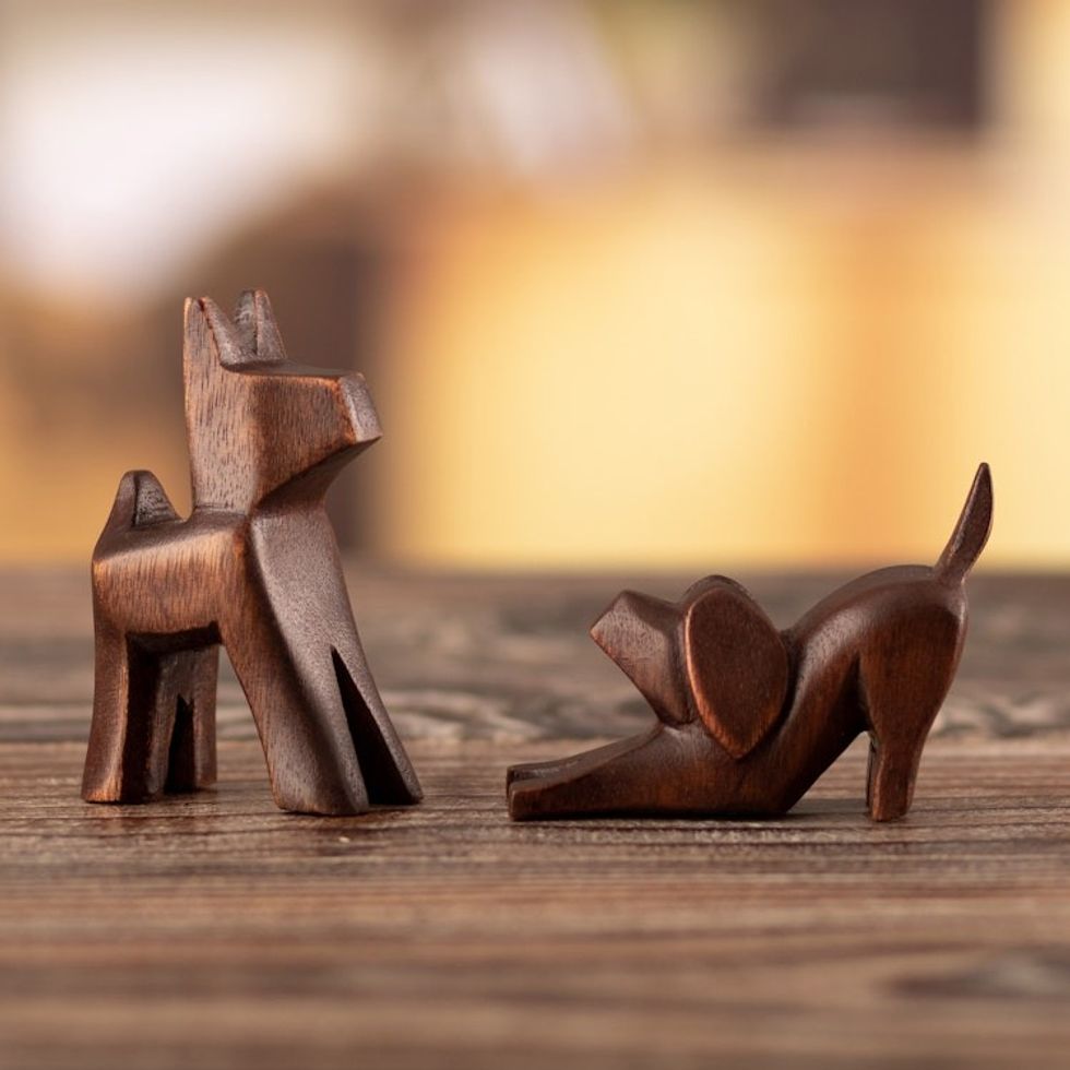 Set of 2 Handmade Minimalist Dog-Themed Cedarwood Figurines 'Faithful Friends'