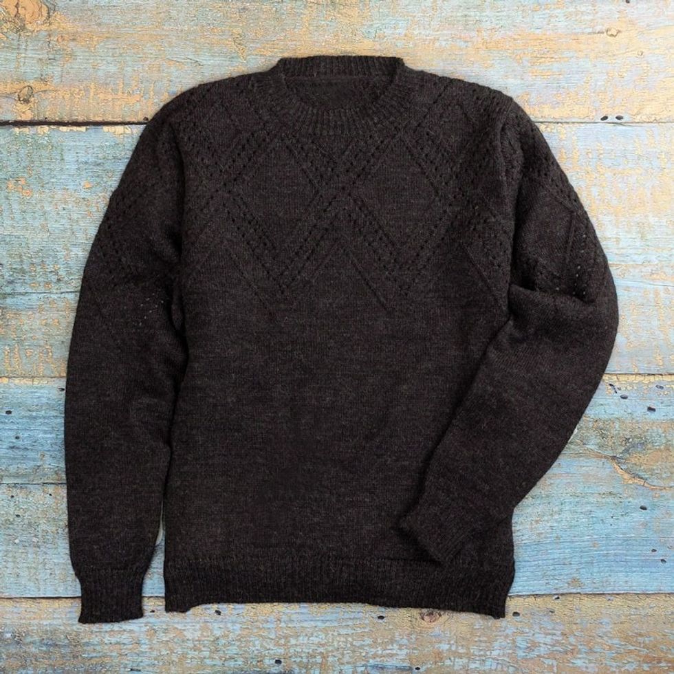 Men's 100 Alpaca Sweater with Black Geometric Pattern 'Night Rhombus'