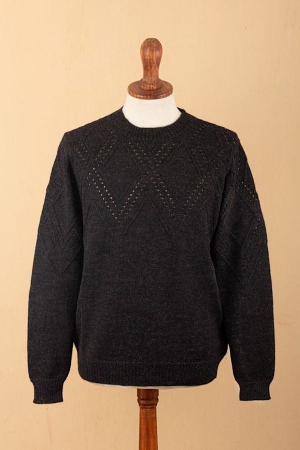 Alternate image for Mens 100 Alpaca Sweater with Black Geometric Pattern Night Rhombus