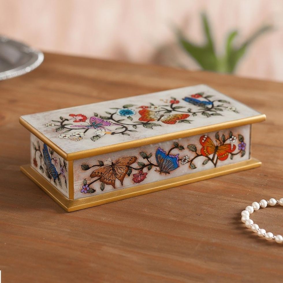 Reverse Painted Glass Butterfly Decorative Box in Off White 'Butterfly Jubilee in Antique'