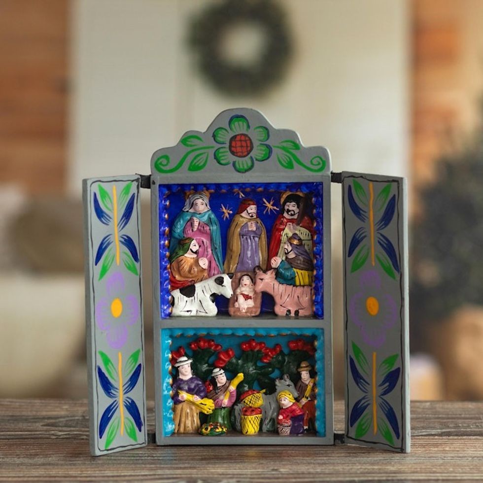 Christmas Nativity Retablo Folk Art Handmade in Peru 'Blue Christmas'