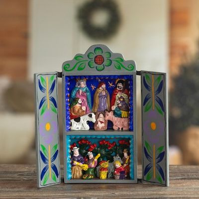 Alternate image for Christmas Nativity Retablo Folk Art Handmade in Peru Blue Christmas