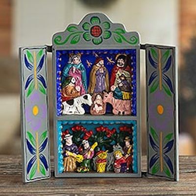 Alternate image for Christmas Nativity Retablo Folk Art Handmade in Peru Blue Christmas