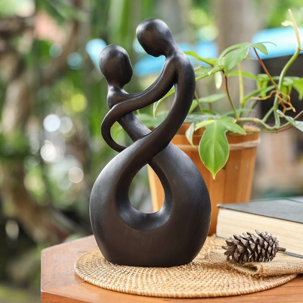Abstract Romantic Suar Wood Sculpture in a Black Hue 'Staring at You'