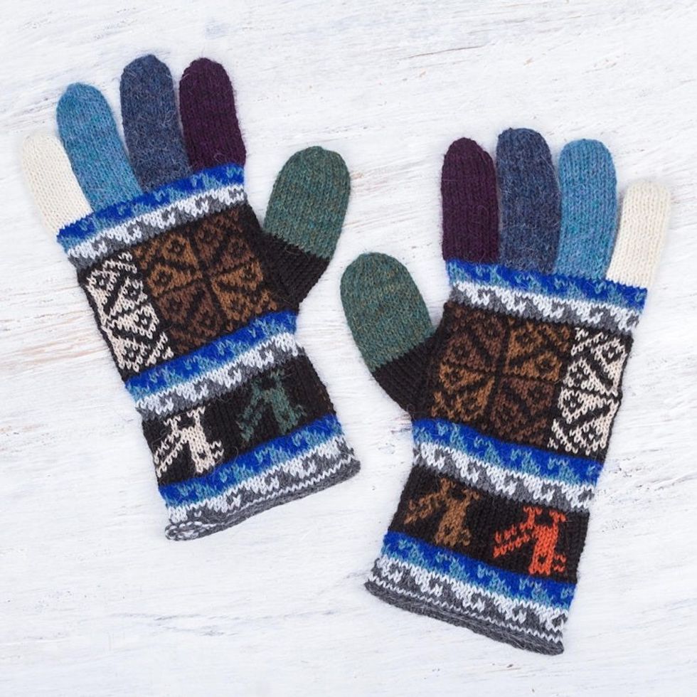 Artisan Crafted 100 Alpaca Colorful Gloves from Peru 'Peruvian Patchwork in Blue'