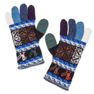 Alternate image for Artisan Crafted 100 Alpaca Colorful Gloves from Peru Peruvian Patchwork in Blue
