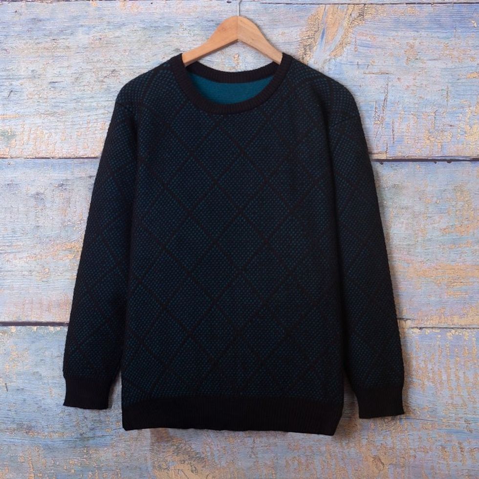 Men's Alpaca Blend Sweater in Black and Azure Made in Peru 'Textures Azure Diamonds'