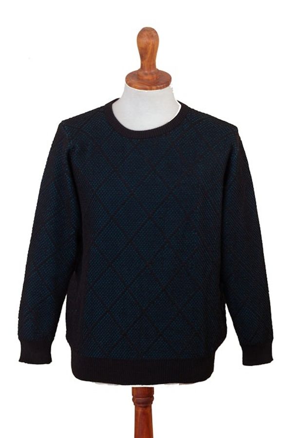 Alternate image for Mens Alpaca Blend Sweater in Black and Azure Made in Peru Textures  Azure Diamonds